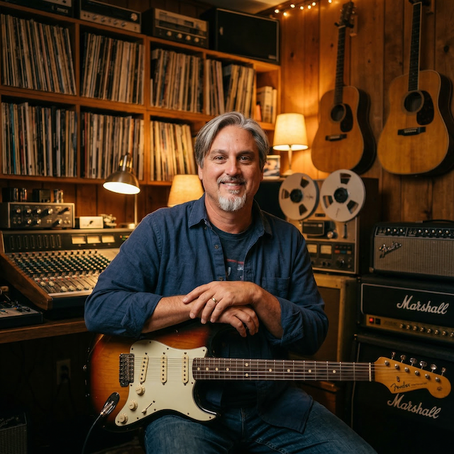 String Shock Steve holding a Fender Strat