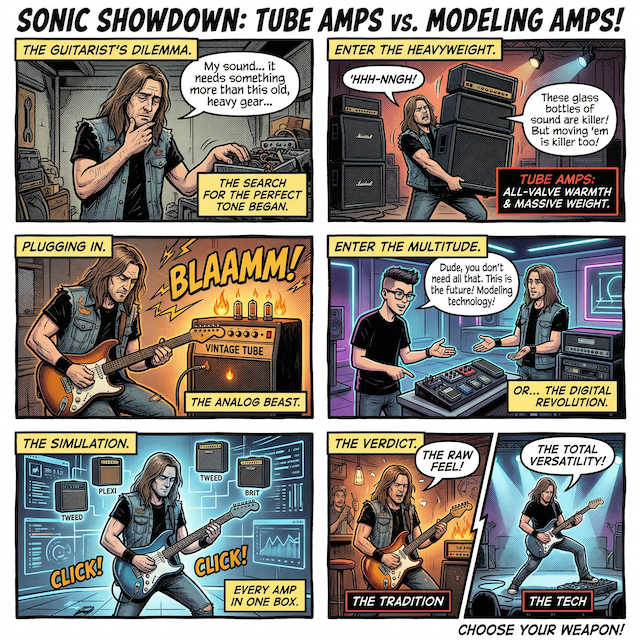 Tubes vs Modeling Amps-Cartoon style