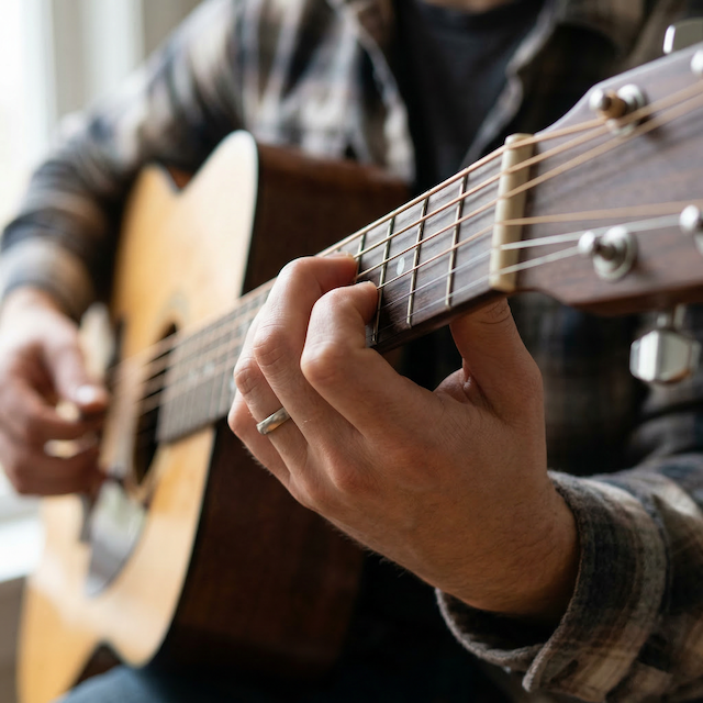 Close-up of hand position on an acoustic guitar