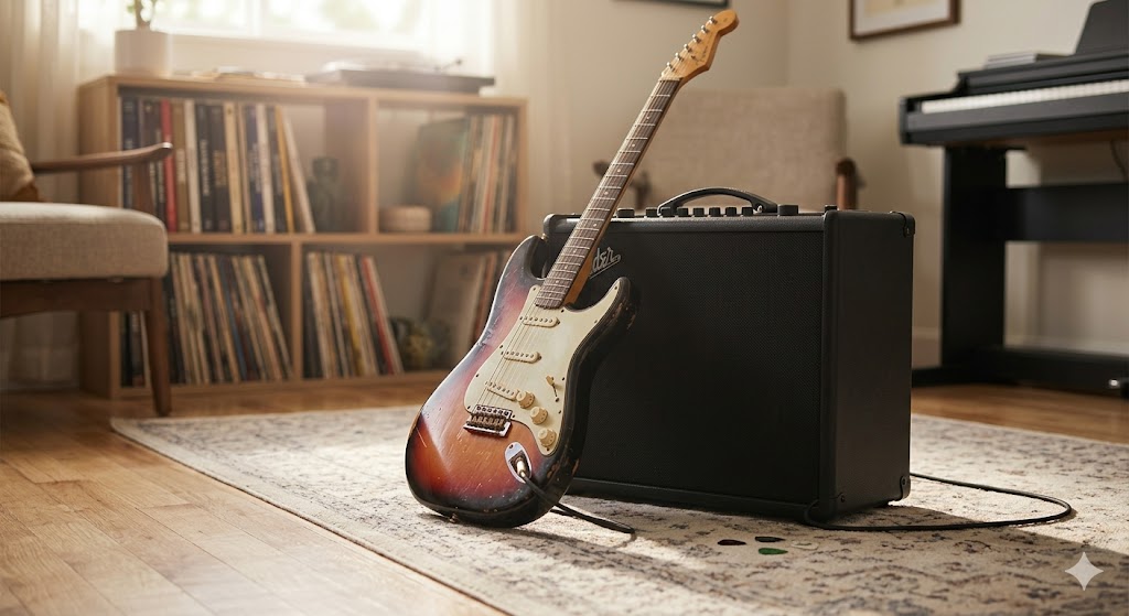Fender strat leaning on a Fender amp
