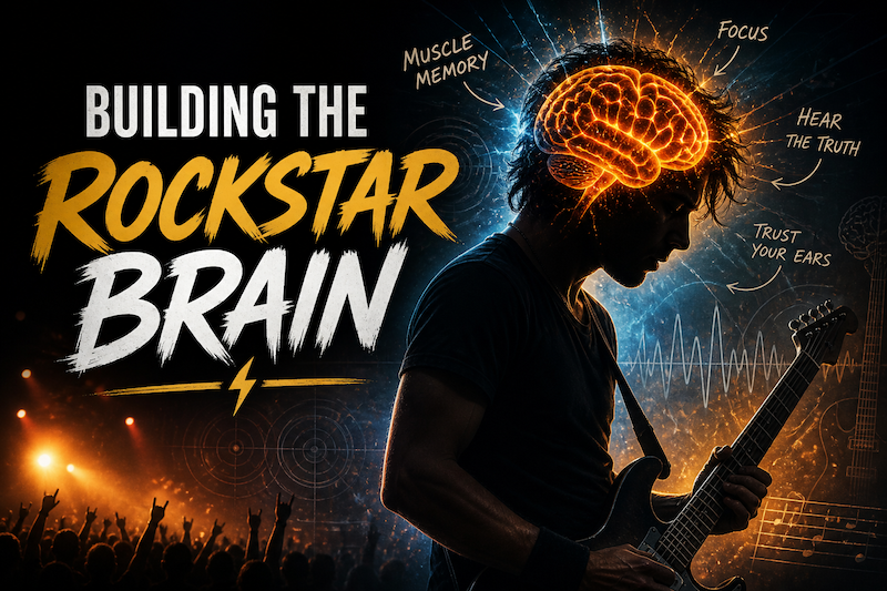 Rockstar Brain image showing a guitarist's brain(muscle memory, focus, hearing, and trusting your ears)