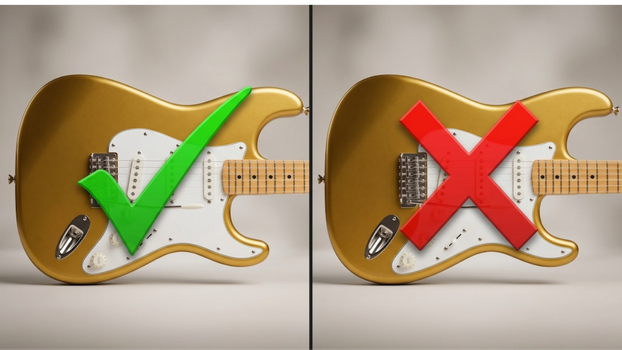 Split screen with an electric guitar on each side. Left side with a green checkmark and right side with a red X.