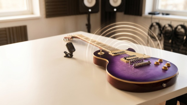Purple electric guitar on a dark studio desk beside a clip-on tuner, showing the idea of tuning by ear beyond the screen.
