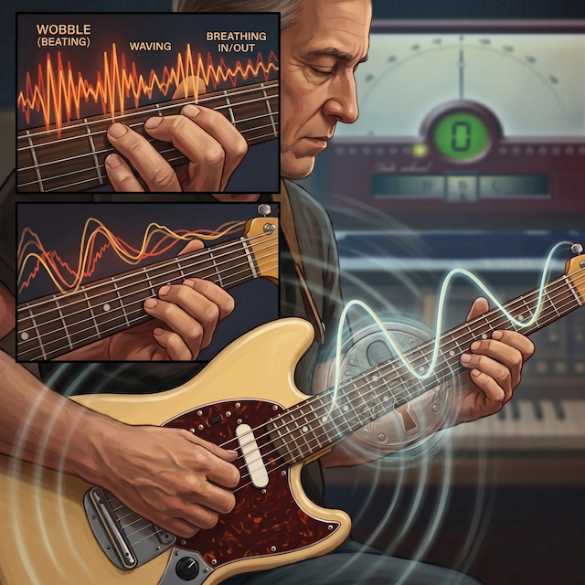 Illustration showing the "wobble" effect when guitar strings are out of tune