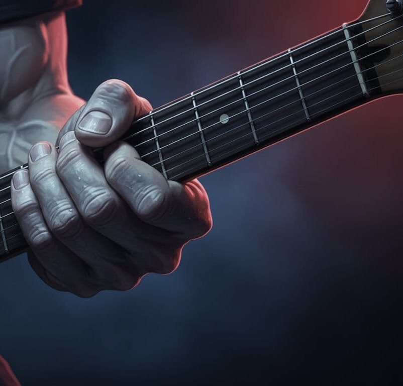 Close-up of a white knuckled guitar neck grip