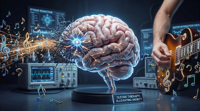 Brain and Guitar Therapy. Music notes shooting into brain with a arm strumming a les paul style guitar.