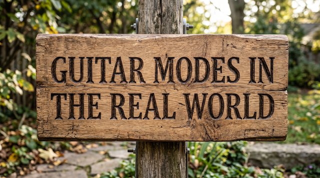 The words "Guitar Modes in the Real World" carved in wood