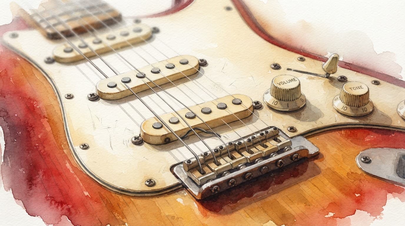Watercolor close-up of guitar pickups and volume knobs in natural light.