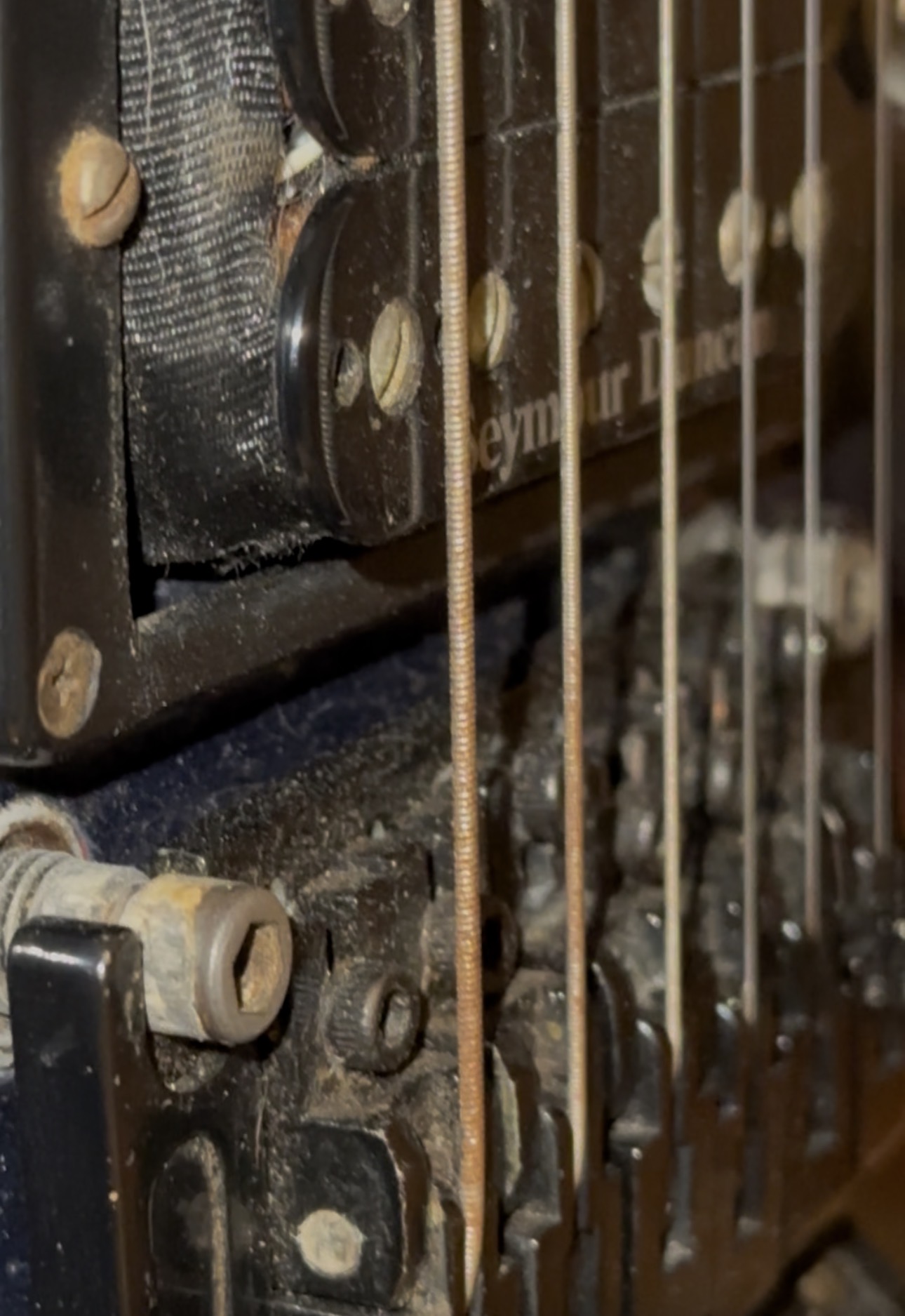 Close-up of rusty strings on an electric guitar