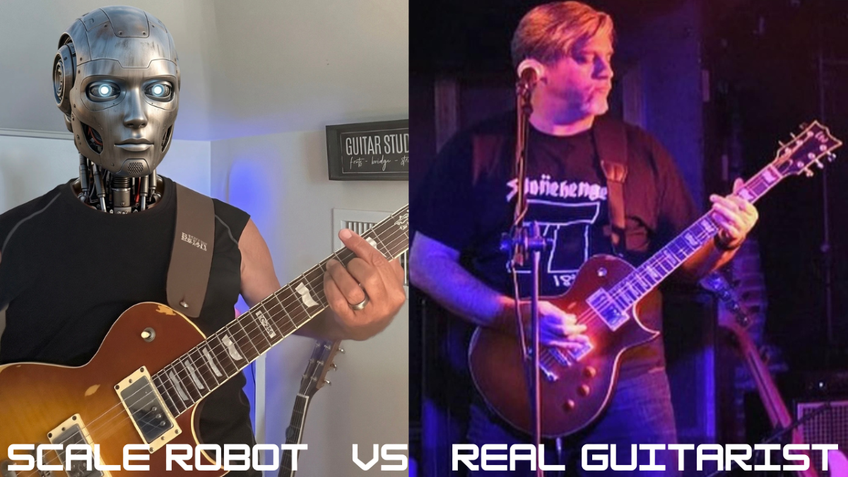 Split screen of a robot playing guitar and String Shock Steve playing guitar