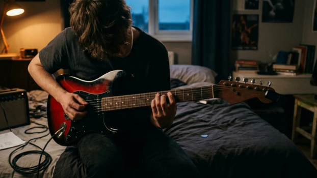 frustrated beginner guitarist sitting on the edge of a bed learning electric guitar
